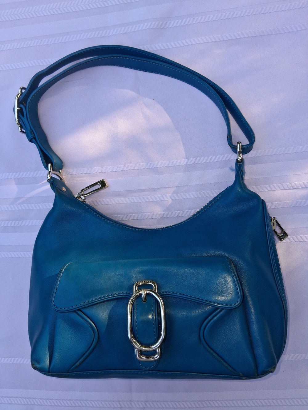 Vintage Cole HAAN Women's Blue Leather Shoulder Bag Purse with Silver Buckle